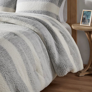 English Elm King/Cal Plush Striped Sherpa Comforter Set - Farmhouse Rustic Reversible Green-Grey, Oeko-Tex Cozy B035129370