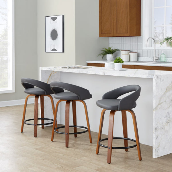 English Elm Fixed-height Swivel Counter Stools Walnut Bentwood Grey Faux Leather Set of 2 B202S01751