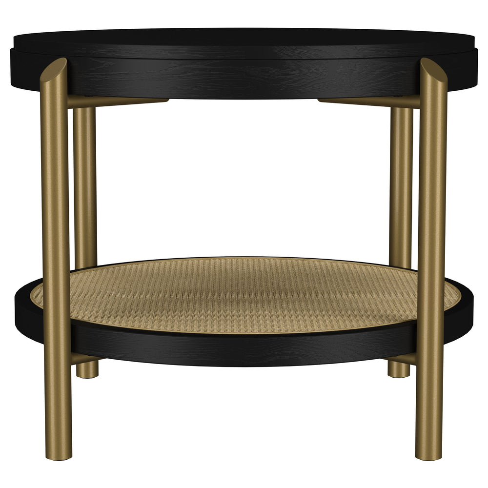 English Elm Benson Round Black End Table with Woven Rattan Shelf, Rubberwood & White Ash Veneer Accent, Sturdy Stylish 26" Surface B062P374115