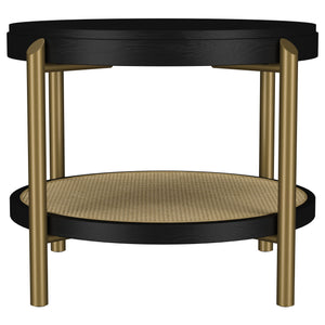 English Elm Benson Round Black End Table with Woven Rattan Shelf, Rubberwood & White Ash Veneer Accent, Sturdy Stylish 26" Surface B062P374115