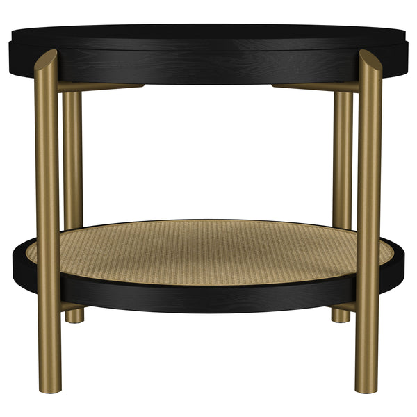 English Elm Benson Round Black End Table with Woven Rattan Shelf, Rubberwood & White Ash Veneer Accent, Sturdy Stylish 26" Surface B062P374115