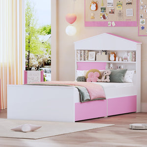 English Elm Twin Size House-Shaped Wooden Bed With Storage Shelf On The Headboard, Built-In Two Storage Drawers, Pink