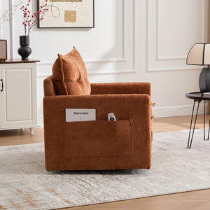 English Elm UNITED Swivel Barrel Chair with Chenille Upholstery, 360° Smooth Rotation, Padded Arm Comfort and Side Pockets for Living Room Relaxation Brown W1568P290084