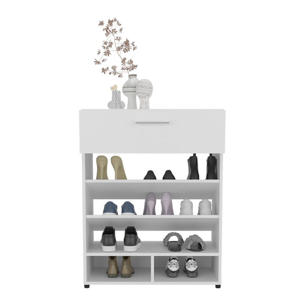 English Elm Alpine 3-Tier Shoe Rack with Drawer and Five Shelves — Compact White MDF Organizer for Entryways B200P335333
