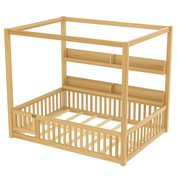 English Elm Full House Floor Bed with Door and Guardrails for Kids, Solid Wood Double Full, Safe Play Nook Natural W1580P359334