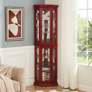 English Elm Lighted Corner Curio Cabinet - Elegant Glass Display With Adjustable Shelves & Ambient Lighting In Cherry W1758P300138