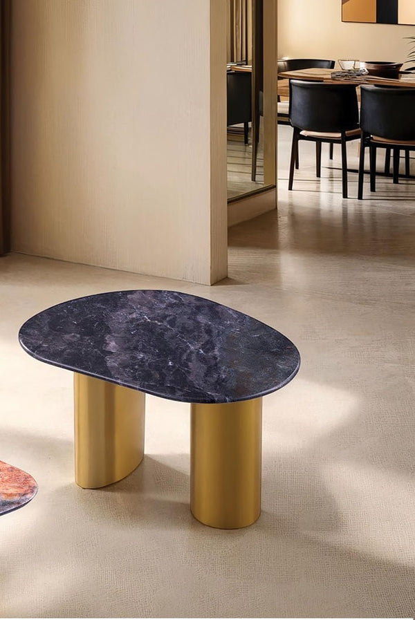 English Elm Contemporary End Table With Sintered Stone Top, Matte Gold Legs & Soft Curved Edges For Elegance B2741S00639