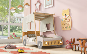 English Elm Wood Twin Car Bed with Pillow, Ceiling Canopy & LED Night Lights, Solid Pine Frame, Fun Kids Ride Bed - Twin Size, Natural Finish WF309288AAM