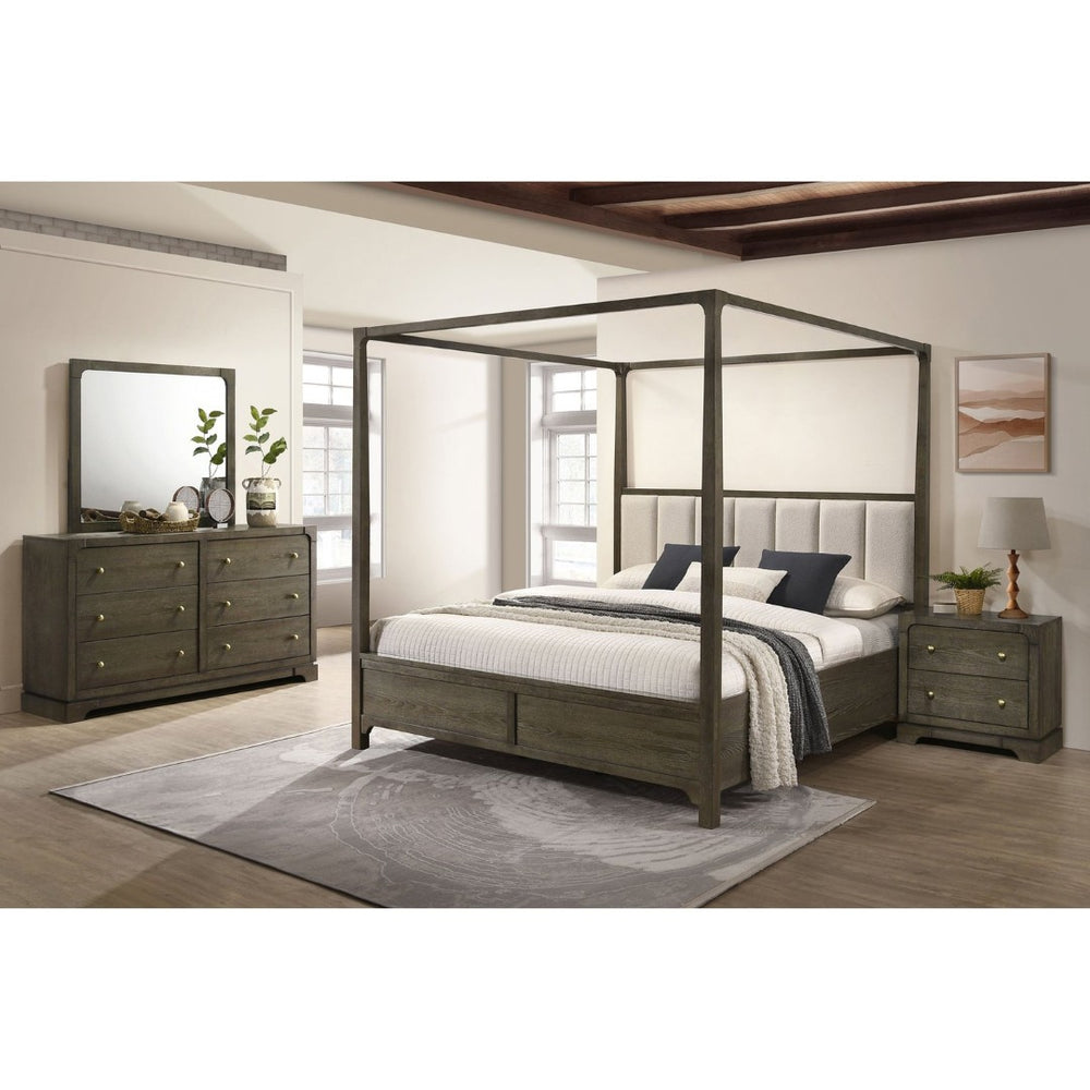 English Elm Harbington Queen Bedroom Set Boucle Headboard Brass Hardware Dark Cocoa Finish B062S01545