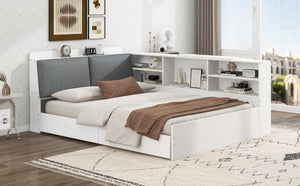 English Elm Wood Full Size platform bed with storage headboard, built-in shelves and drawers, sturdy pine frame, compact solution for small rooms White GX002054AAK