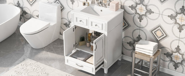 English Elm 24'' Retro Bathroom Vanity Solid Rubberwood Frame Ceramic Sink Soft Close Storage White N710P405405K