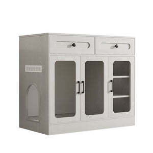 English Elm Cat Litter Box Cabinet with Glass Doors Led Light Drawers and Wood Grain Finish Gray N704P395520E