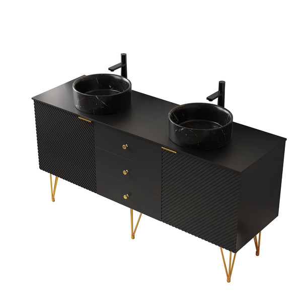 English Elm Gema 60" Freestanding Bathroom Vanity With Black Ceramic Basins, Gold Legs, Storage & Style W2615S00290