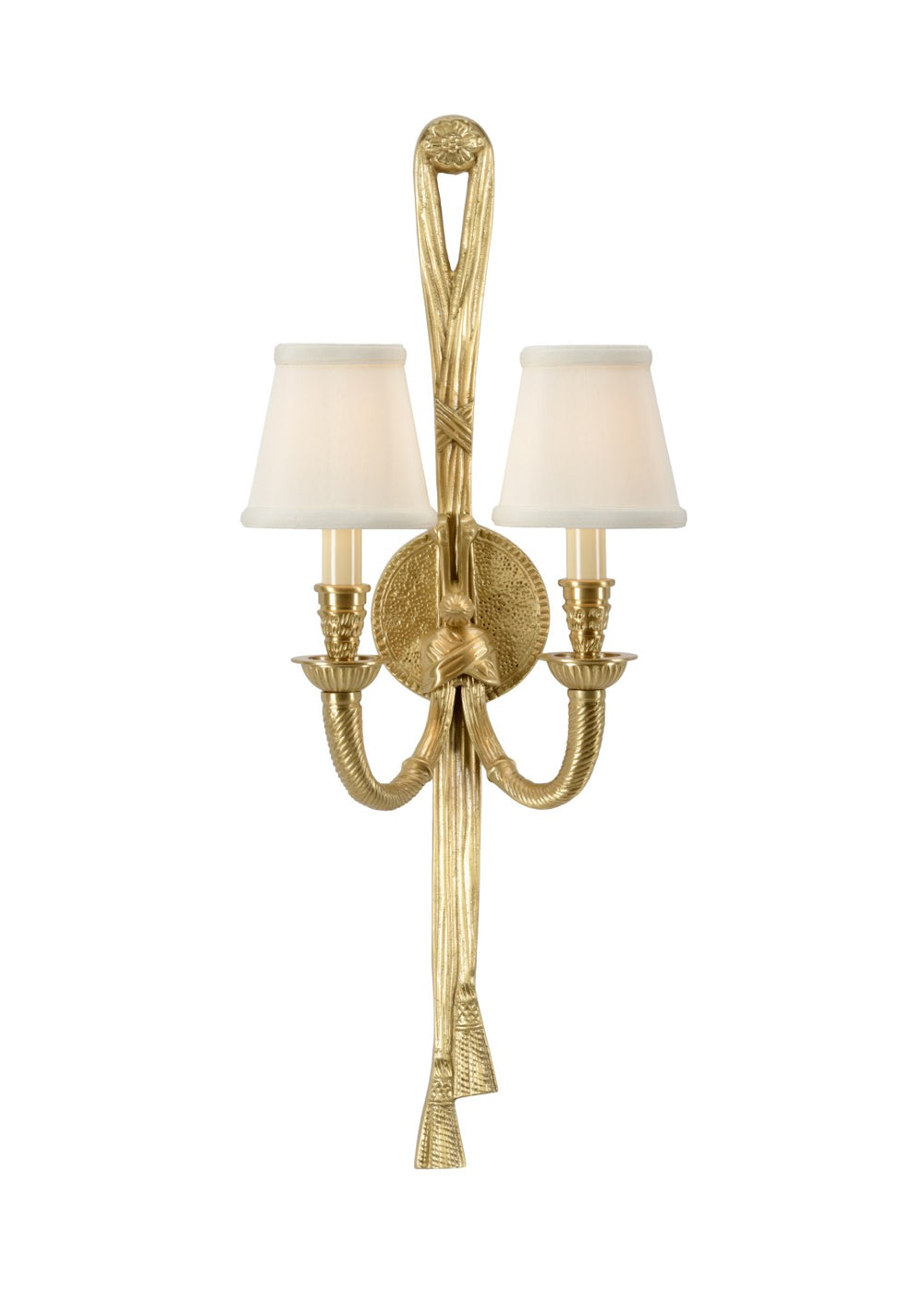 Wildwood Tassel Antique Cast-Brass Double Sconce With Bone Shades — Vintage Twisted Tassel Motif For Vanity Glamorous Lighting 328