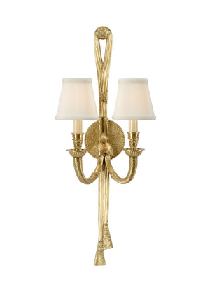 Wildwood Tassel Antique Cast-Brass Double Sconce With Bone Shades — Vintage Twisted Tassel Motif For Vanity Glamorous Lighting 328