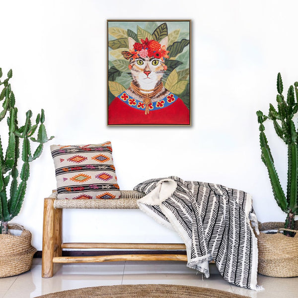 JLA Home Madison Park - Bohemian Framed Canvas Art — Whimsical Cat Portrait by Carol Lew with Embossed Gold Frame, 16.5x20.5" Bohemian Cat ID95C-0041
