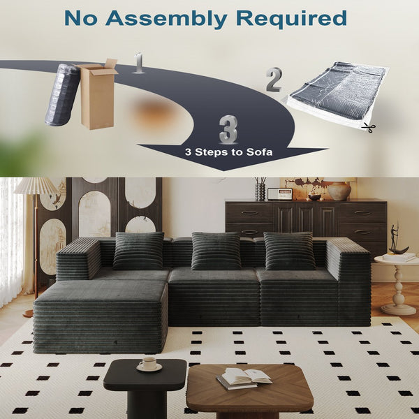 English Elm Modular Sectional Couch - Comfortable Boneless Sofa With Memory Foam, Plush Corduroy, No Assembly, Grey W3434S00025