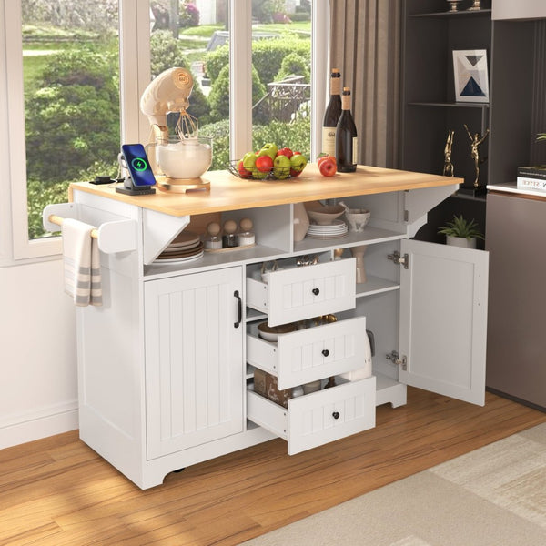 English Elm K&k Rolling Kitchen Island with Drop Leaves Power Outlet Drawers and Spice Rack White N707S186617W