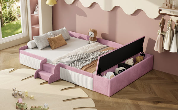 English Elm Full Size Kids Velvet Platform Daybed with Storage Ottoman Staircase Padded Rails Pink+White SF000202AAH