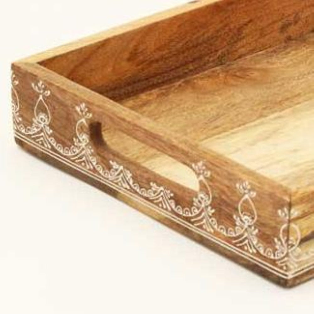 English Elm 3 Piece Solid Mango Wood Nesting Serving Trays with Floral Carved Natural Grain Finish B346P327299