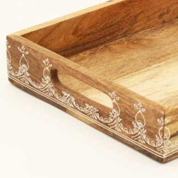 English Elm 3 Piece Solid Mango Wood Nesting Serving Trays with Floral Carved Natural Grain Finish B346P327299