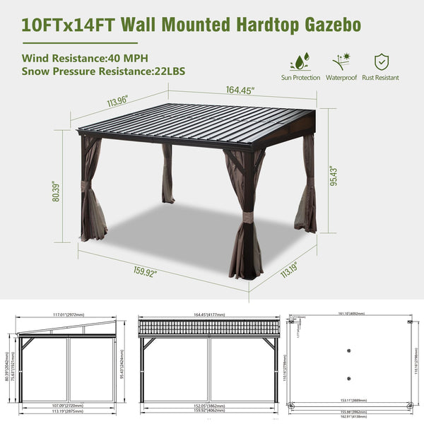 English Elm 10x14FT Lean to Gazebo with Metal Roof, Hidden Gutter System, Curtains & Netting, Heavy-Duty Steel Exterior W1859S00130