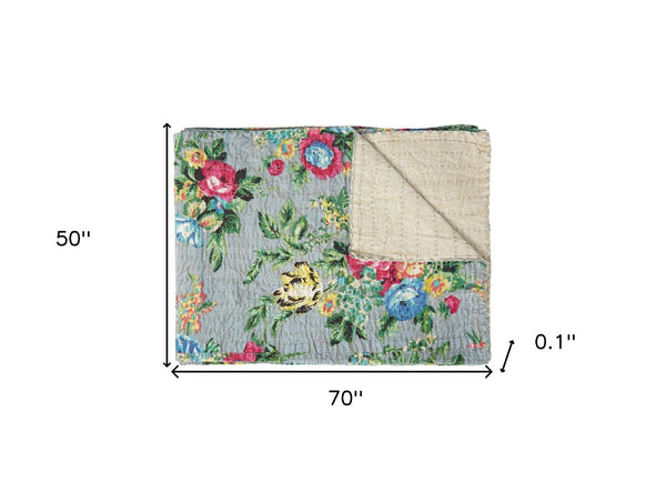 Homeroots 50" Stylish Floral Kantha Throw Blanket - Cozy Embroidered Design For Home Decor & Comfort Cotton ,50"X70" Cotton 328225
