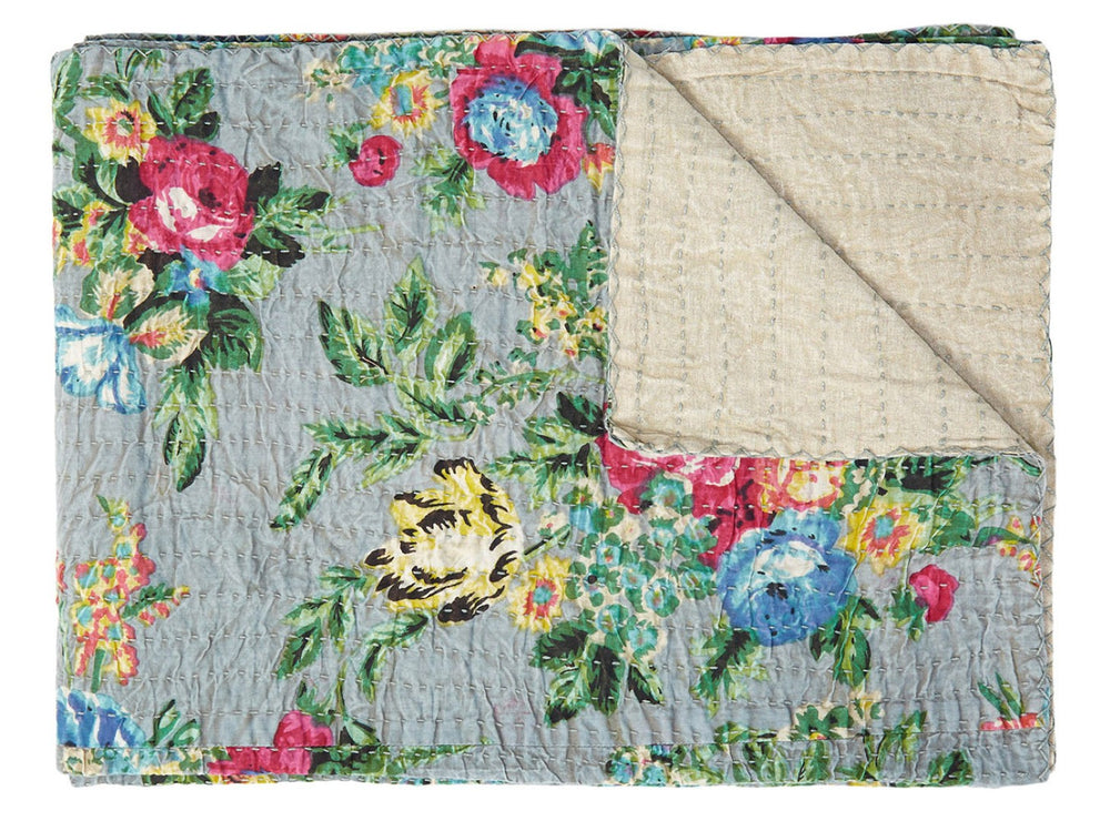 HomeRoots 50" Floral Kantha Throw Blanket - Handcrafted Embroidery for Cozy Contemporary Home Decor Cotton - 50"x70" Blue / Green 328225