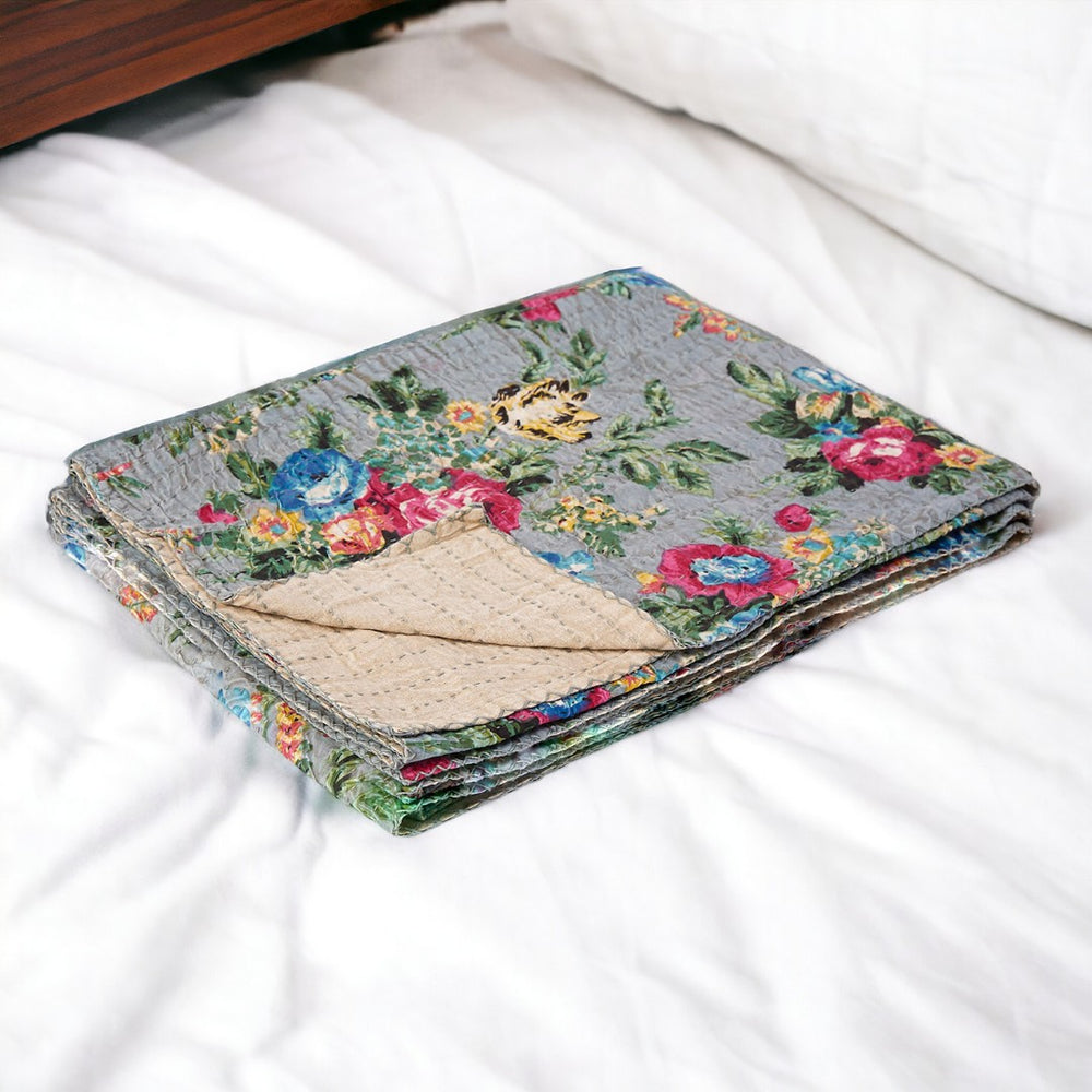 HomeRoots 50" Floral Kantha Throw Blanket - Handcrafted Embroidery for Cozy Contemporary Home Decor Cotton - 50"x70" Blue / Green 328225