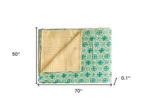 Homeroots 50" X 70" Green And Ivory Kantha Cotton Geometric Throw Blanket With Embroidery  Cotton 328231