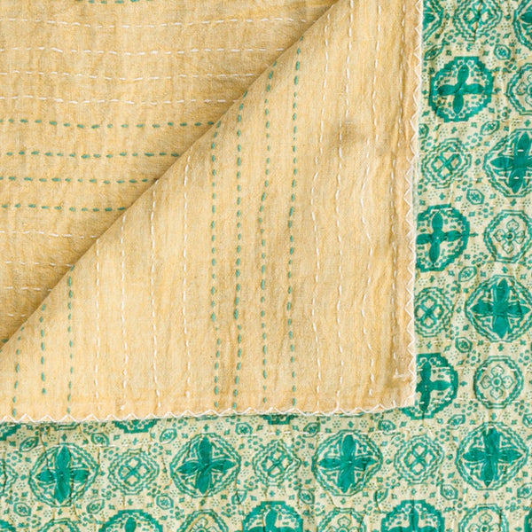 Homeroots 50" X 70" Green And Ivory Kantha Cotton Geometric Throw Blanket With Embroidery  Cotton 328231