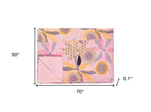 Homeroots 50" Gray And Pink Kantha Cotton Floral Throw Blanket – Embroidered Comfort For Cozy Living Spaces Cotton ,50"X70" Cotton 328233