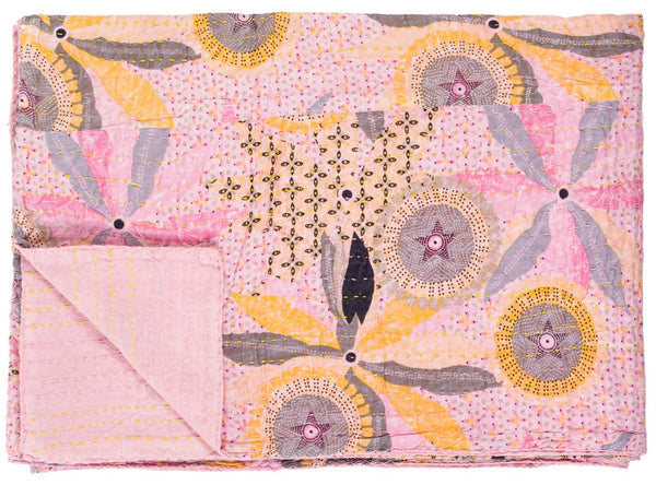 HomeRoots 50" Cozy Kantha Floral Throw Blanket - Artfully Handcrafted, Lightweight, Embroidered Design for Comfort Cotton - 50"x70" Pink / Yellow / Grey 328233
