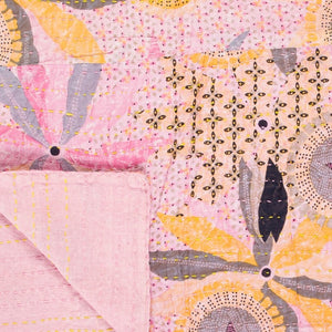 Homeroots 50" Gray And Pink Kantha Cotton Floral Throw Blanket – Embroidered Comfort For Cozy Living Spaces Cotton ,50"X70" Cotton 328233