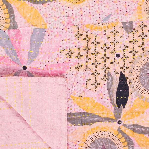 Homeroots 50" Gray And Pink Kantha Cotton Floral Throw Blanket – Embroidered Comfort For Cozy Living Spaces Cotton ,50"X70" Cotton 328233