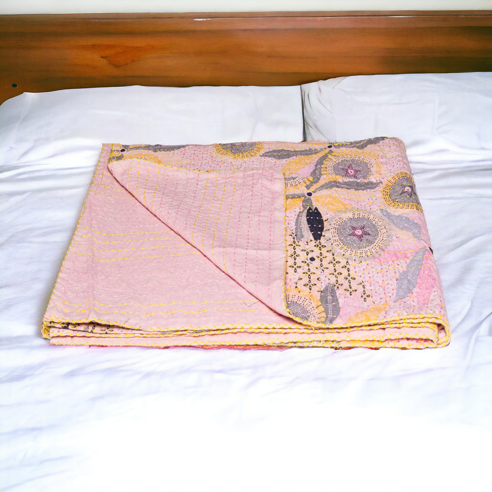 Homeroots 50" Gray And Pink Kantha Cotton Floral Throw Blanket – Embroidered Comfort For Cozy Living Spaces Cotton ,50"X70" Cotton 328233