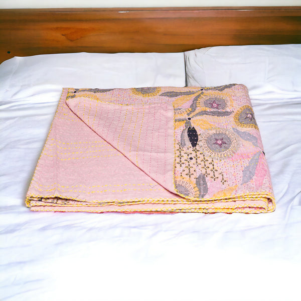 Homeroots 50" Gray And Pink Kantha Cotton Floral Throw Blanket – Embroidered Comfort For Cozy Living Spaces Cotton ,50"X70" Cotton 328233