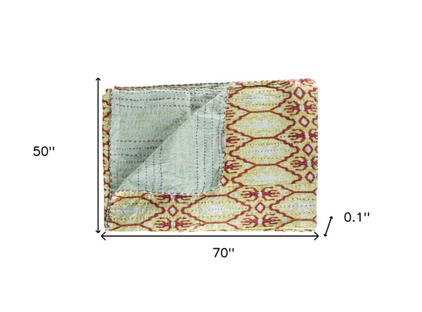 HomeRoots 50" Cozy Kantha Floral Throw Blanket - Artfully Handcrafted, Lightweight, Embroidered Design for Comfort Cotton - 50"x70" Sky Blue / Burgundy / Yellow 328236