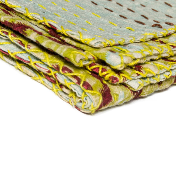 HomeRoots 50" Cozy Kantha Floral Throw Blanket - Artfully Handcrafted, Lightweight, Embroidered Design for Comfort Cotton - 50"x70" Sky Blue / Burgundy / Yellow 328236