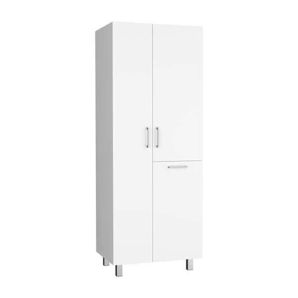 English Elm Iris 71" High Two-Door Broom Closet with Hamper, Slim White Pantry Cabinet for Laundry & Cleaning Supplies B200S00452