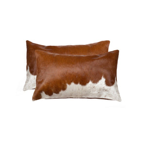 HomeRoots Set of Two Luxurious Cowhide Lumbar Throw Pillows for Elegant Home Décor and Comfort Brown/White 328290
