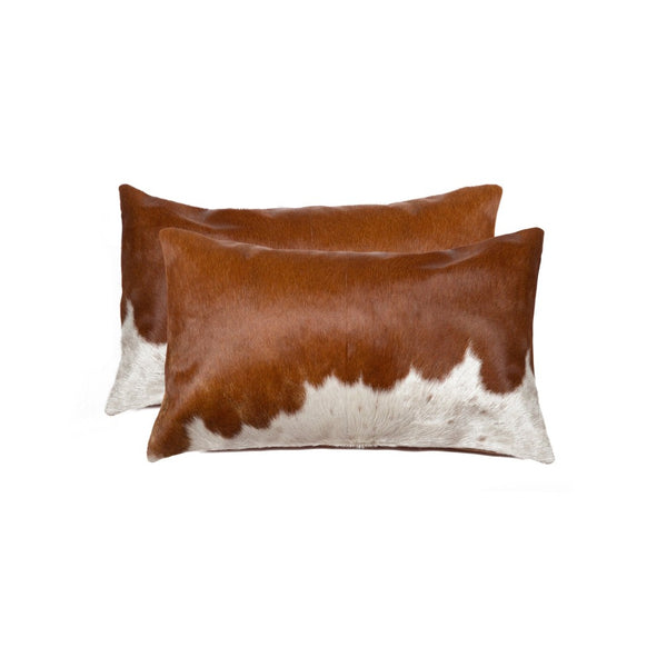 HomeRoots Set of Two Luxurious Cowhide Lumbar Throw Pillows for Elegant Home Décor and Comfort Brown/White 328290