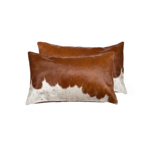 HomeRoots Set of Two Luxurious Cowhide Lumbar Throw Pillows for Elegant Home Décor and Comfort Brown/White 328290
