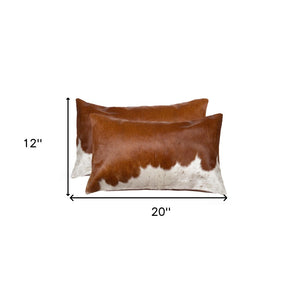 HomeRoots Set of Two Luxurious Cowhide Lumbar Throw Pillows for Elegant Home Décor and Comfort Brown/White 328290