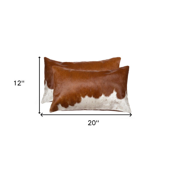 HomeRoots Set of Two Luxurious Cowhide Lumbar Throw Pillows for Elegant Home Décor and Comfort Brown/White 328290