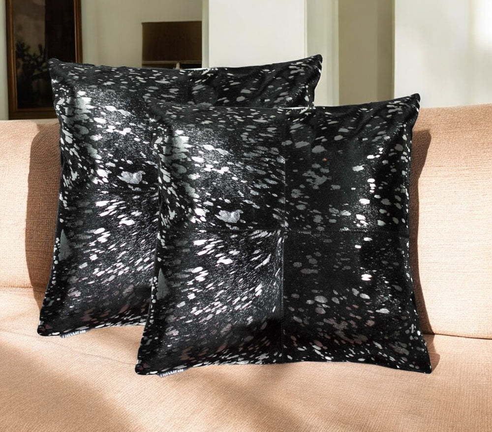 Homeroots Set Of Two 18" Black And Silver Cowhide Throw Pillow   328294