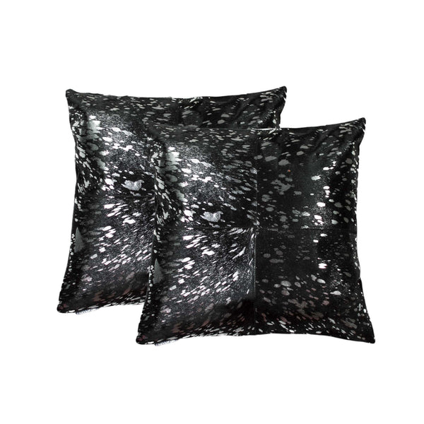 Homeroots Set Of Two 18" Black And Silver Cowhide Throw Pillow   328294