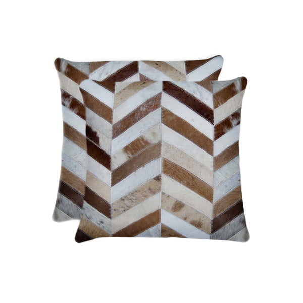 Homeroots Set Of Two Natural And Brown Chevron Cowhide Throw Pillows   328296