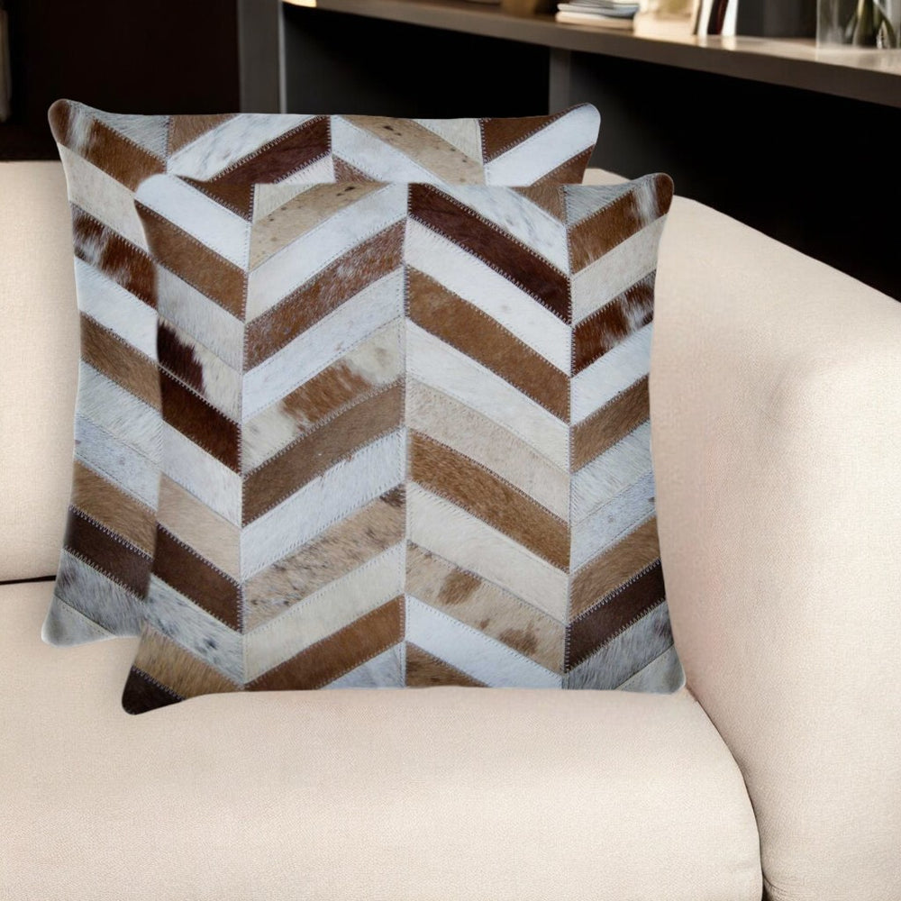Homeroots Set Of Two Natural And Brown Chevron Cowhide Throw Pillows   328296