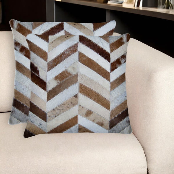 Homeroots Set Of Two Natural And Brown Chevron Cowhide Throw Pillows   328296